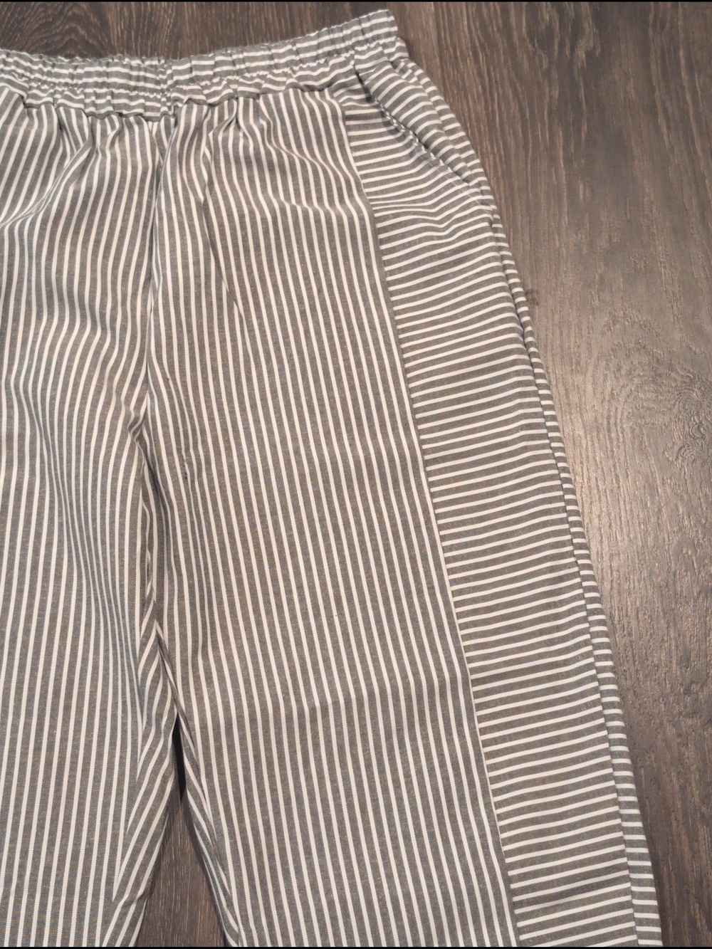 Women's Gray Striped Trousers High Elastic Waist With Pockets Cotton Linen L